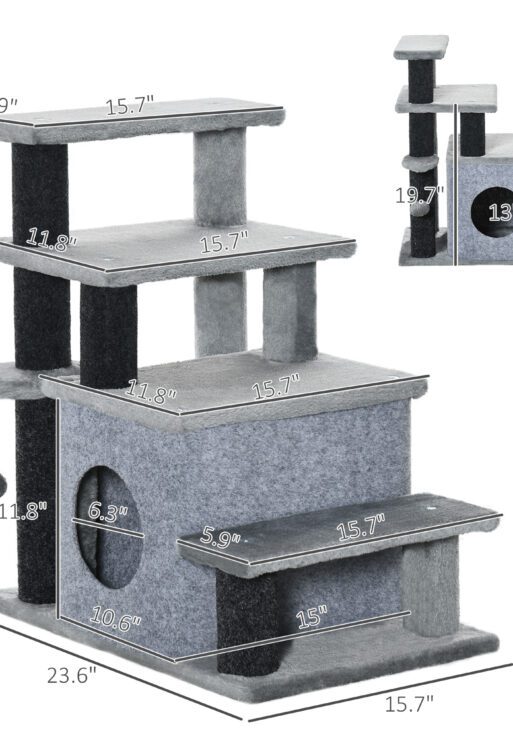 Adjustable Height 3 Step/4 Step Cat Stairs with Cat Scratching Post, Cat Condo, Toy Ball, for Bed, Sofa, Couch, Gray