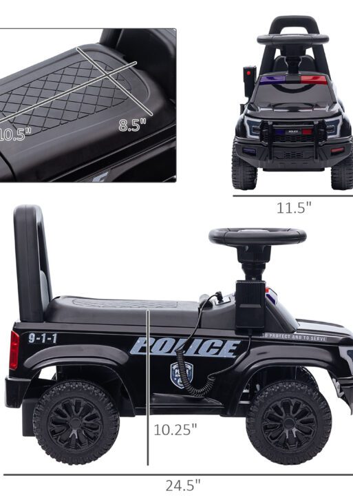 Kids Push Ride On Car with Working PA System and Horn, Police Truck Style Foot-to-Floor Sliding Car for Boys and Girls with Under-Seat Storage, for 18 Months to 5 Years Old, Black