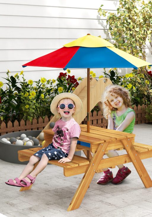 Sensory Table 3 in 1 Toddler Water and Sand Table w/ Foldable Umbrella 2 Play Boxes Removable Top, 3-6 Years Old, Teak