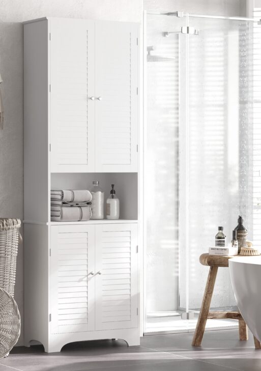 Tall Narrow Bathroom Storage Cabinet with Doors and Shelf Adjustability, Freestanding Linen Cabinet with 2 Cabinets and Countertop, White