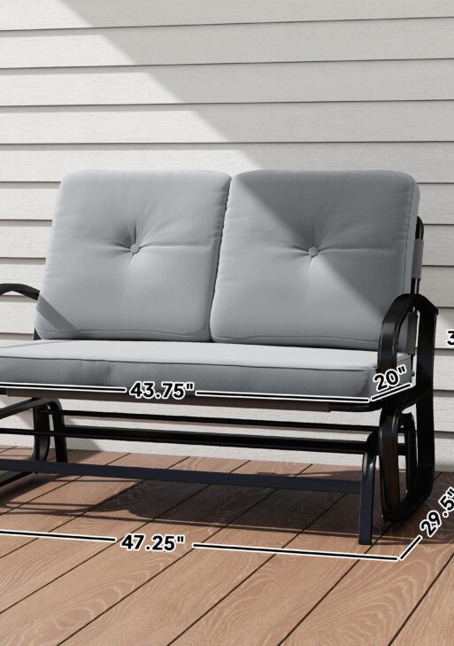 Outdoor Glider Bench, 2-Person Patio Rocker Loveseat with Tufted Cushions, Steel Frame for Porch, Garden Backyard, Gray