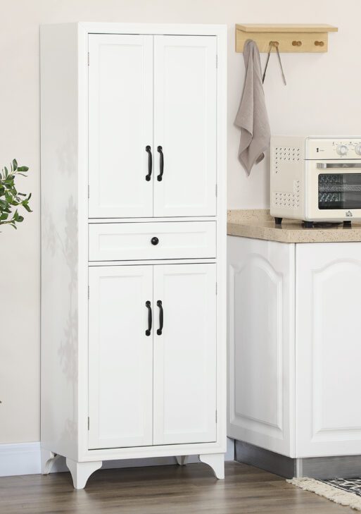 67" 4-Door Kitchen Pantry with Drawer and Adjustable Shelves, White