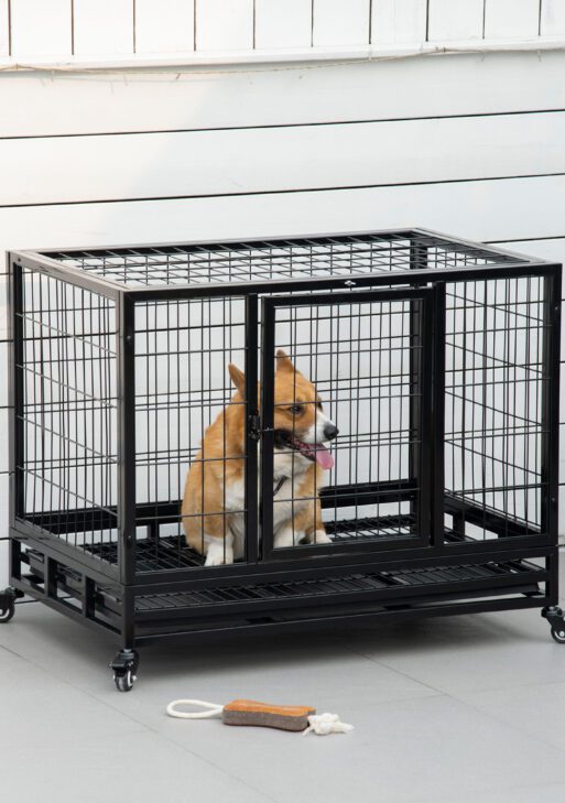 36" Heavy Duty Dog Crate with Removable Tray, Lockable Wheels and Double Door, for Medium and Large Dogs, Black