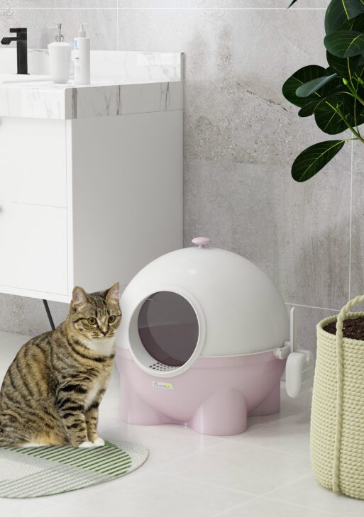 Hooded Cat Litter Box, Large Kitty Litter Pan with Lid, Scoop, Leaking Sand Pedal, Top Handle, Light Pink