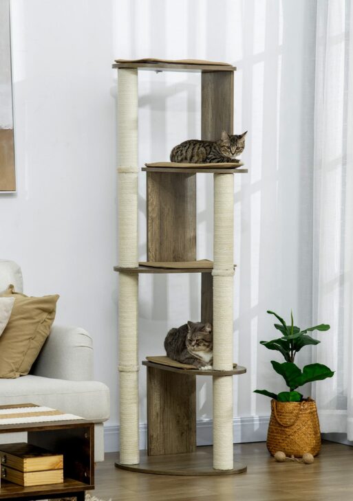 65" Corner Modern Cat Tree Tall for Climbing, Large Multilevel Cat Tower with Scratching Posts, Small-Fit Kitten Tower with Sisal, Cream White