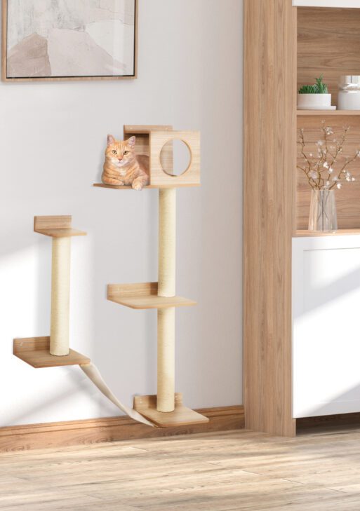Cat Shelf for Wall, Multi Level Cat Tree Tower with Cat Condo, Sisal Scratching Posts, Cat Perches, Ladder, Cat Wall Furniture for Indoor Use