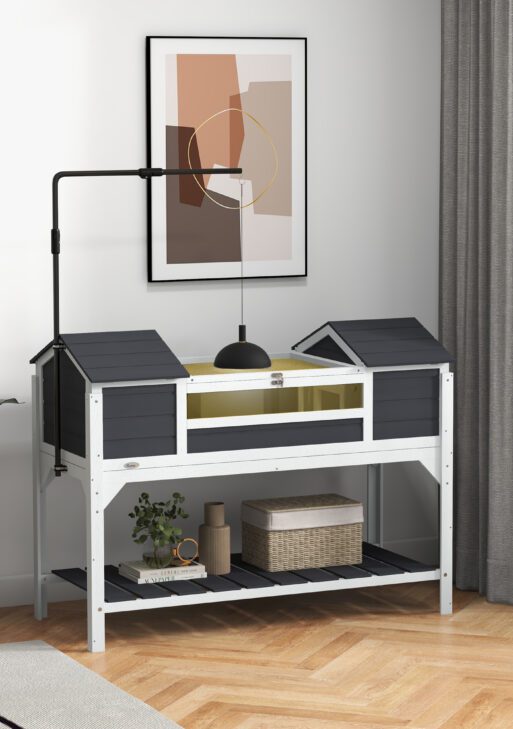 Tortoise Enclosure Tortoise House with Adjustable Lamp Holder Storage Shelf, Dual Main Houses, Openable Lid, Gray