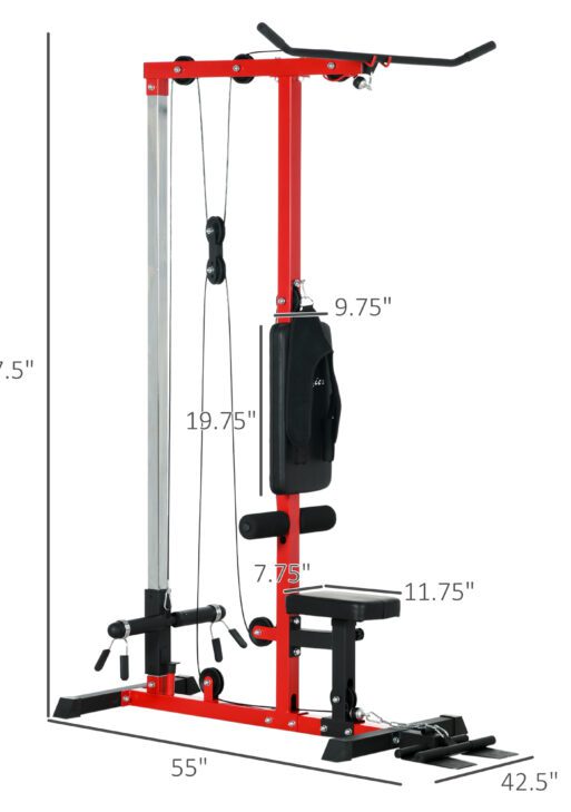 Lat Pull Down Machine, High / Low Pulley Machine with Adjustable Seat and Flip-Up Footplate, Red