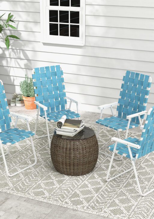 Set of 4 Patio Folding Chairs, Classic Outdoor Camping Chairs, Portable Lawn Chairs w/ Armrests, Blue