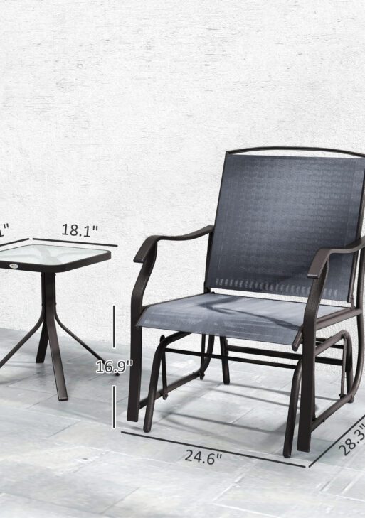 3 Piece Outdoor Glider Chair with Coffee Table Bistro Set, 2 Patio Rocking Swing Chairs with Breathable Sling Fabric, Glass Tabletop, for Backyard, Garden and Porch, Gray
