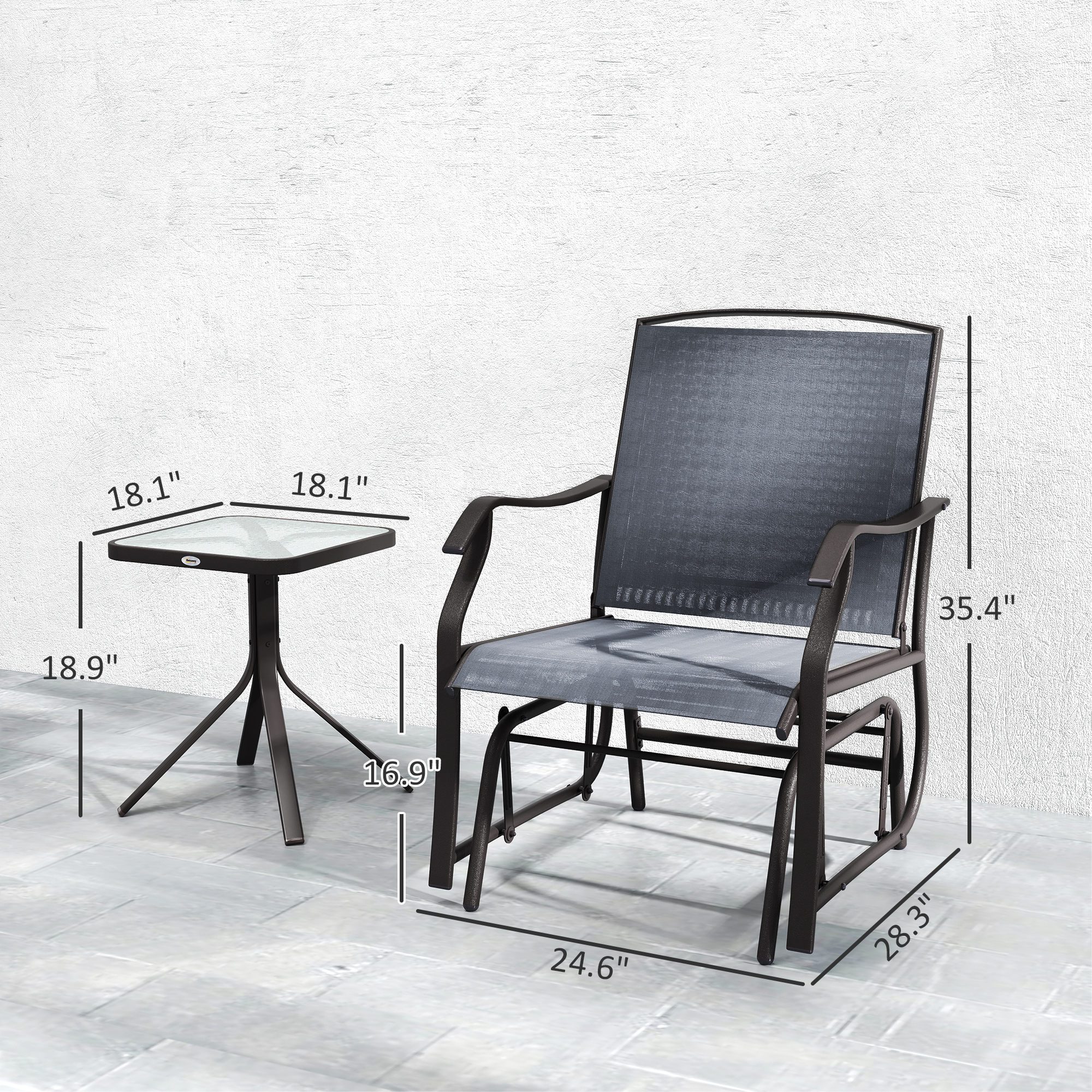 3 Piece Outdoor Glider Chair with Coffee Table Bistro Set, 2 Patio Rocking Swing Chairs with Breathable Sling Fabric, Glass Tabletop, for Backyard, Garden and Porch, Gray - Image 1