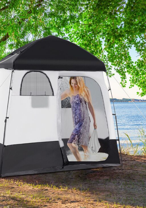 Shower Tent w/ Two Rooms, Shower Bag, Floor and Carrying Bag, Portable Privacy Shelter, Instant Changing Room for 2 Person, Black