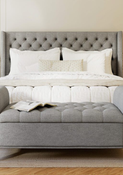 50 Inches Storage Ottoman, End of Bed Bench with Rolled Arms, Wood Legs, Button Tufted Storage Bench, Gray