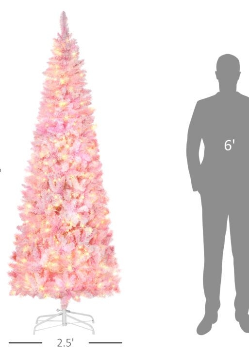 7.5ft Prelit Snow Flocked Artificial Christmas Tree with Pencil Shape, Pine Realistic Branches, Warm White LED lights, Auto Open, Pink and White
