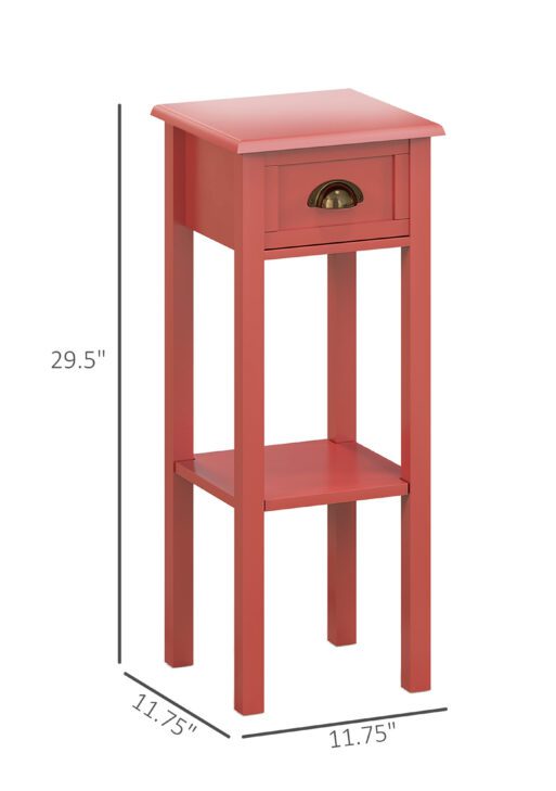 2-Tier Side Tables Set of 2 with Drawer and Shelf, 2 Pieces End Tables for Living Room and Hallway, Red