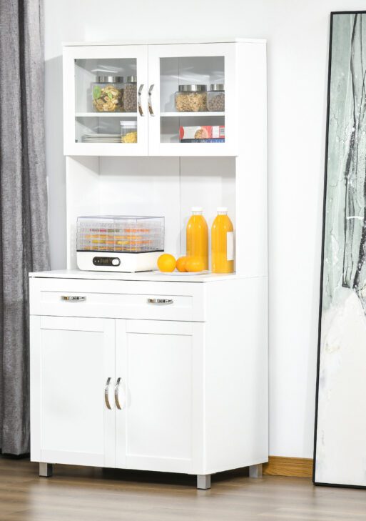 67" Buffet with Hutch, Modern Kitchen Pantry, Freestanding Storage Cabinet with Framed Glass Doors, Shelves and Drawers, White