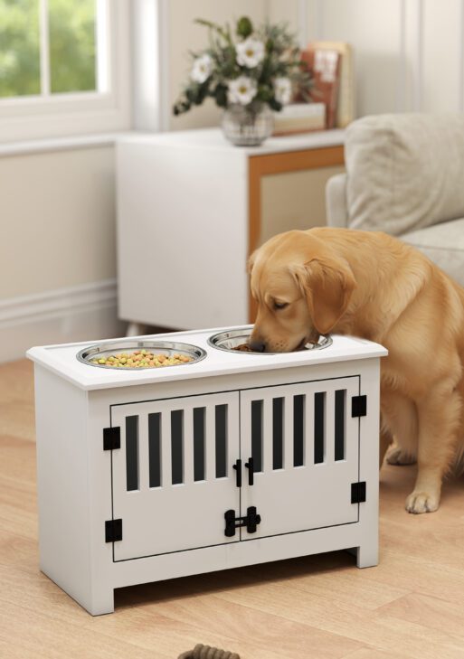 Dog Food Storage Cabinet with Bowls & Dog Feeding Station, White