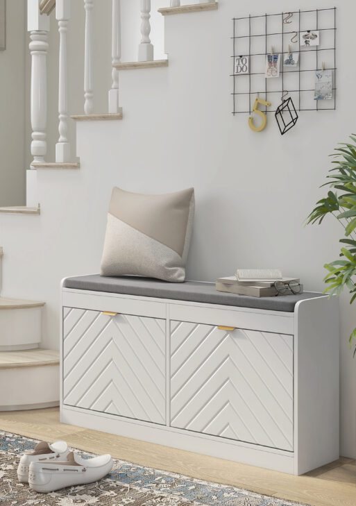 Narrow Storage Bench, Upholstered Entry Way Bench, Shoe Rack Bench with 2 Flip Drawers, 2 Vents for 8 Pairs of Shoes