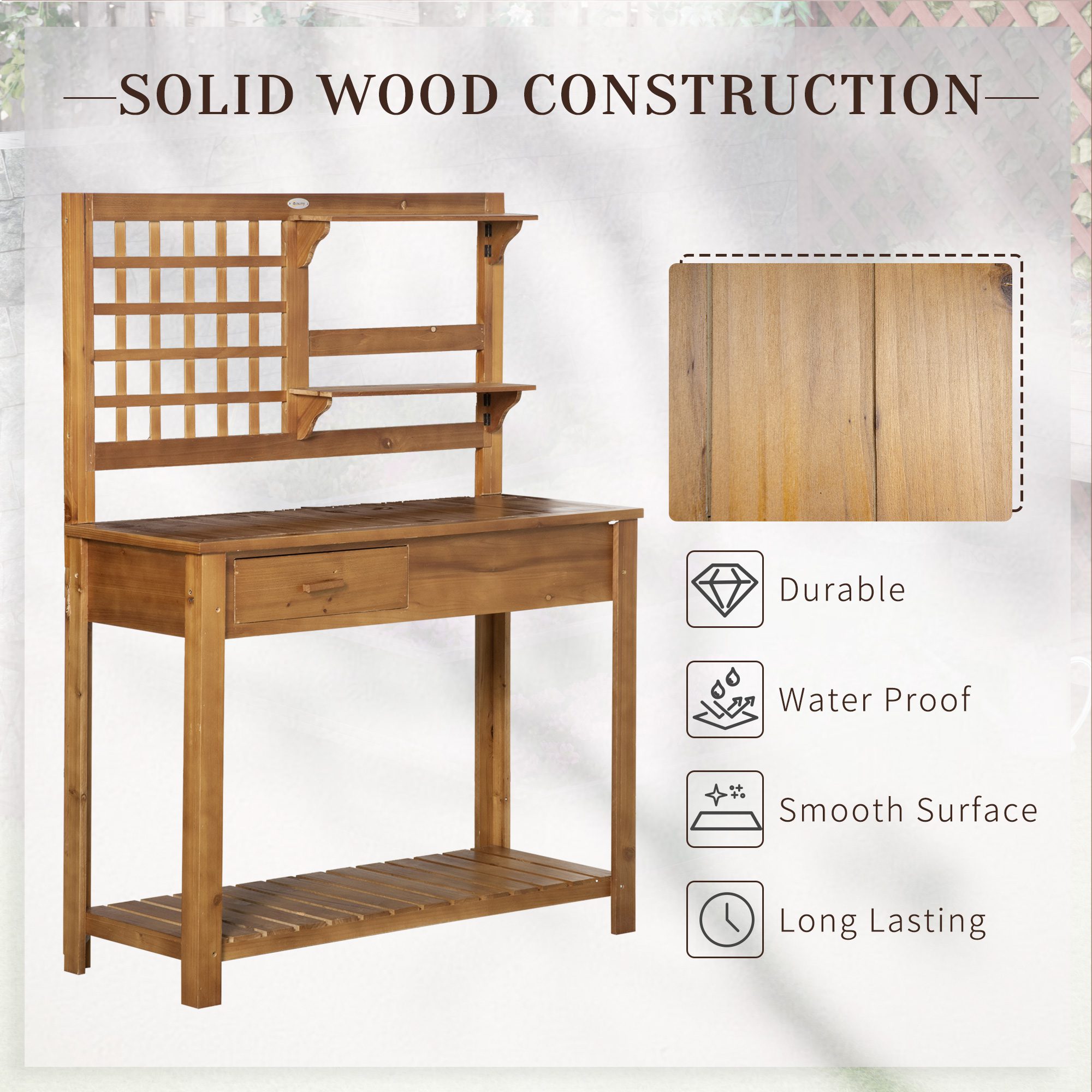 Potting Bench Table, Garden Work Bench, Outdoor Wooden Workstation with Tiers of Shelves and Drawer for Patio, Courtyards, Balcony, Brown - Image 4