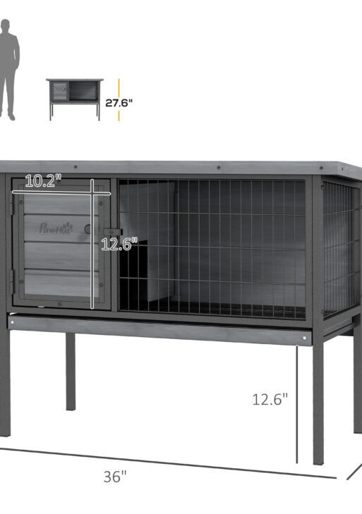 Wooden Rabbit Hutch Elevated with No Leak Tray, Openable Roof for Indoor/Outdoor, Gray