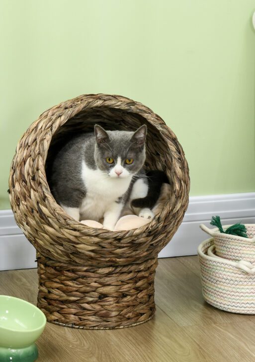 Handwoven Elevated Cat Bed with Soft Cushion & Egg Chair Shape, Basket Bed Kitty House with Stand, Raised Wicker House for Indoor Cats, 20" H, Gray