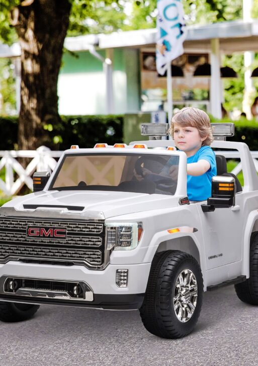 12V Battery Kids GMC Sierra HD Ride On Toy with Remote Control, Bright Headlights & Working Suspension - White