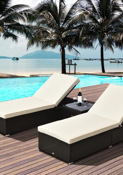 Chaise Lounge Chair Set of 2 with 5 Angle Backrest, Outdoor Coffee Table, Water Repellent Cushions, PE Rattan Wicker Poolside Chairs, 3-Piece Pool Furniture Set, Dark Brown/Cream White