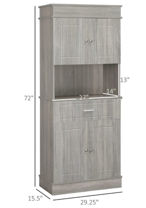 72" Kitchen Buffet with Hutch, Freestanding Pantry Cabinet with Utility Drawer, 2 Door Cabinets, Adjustable Shelves and Countertop, Gray Wood Grain