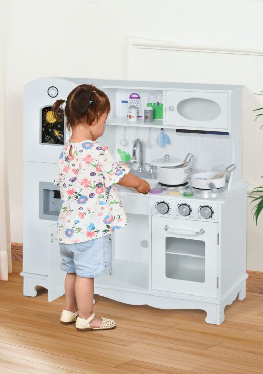 Kids Kitchen Playset with Telephone, Wooden Kitchenette for kids with Cookware, Storage Cabinet, Water Dispenser, Blackboard, Toddler Pretend Play Kitchen with Cooking Accessories for Aged 3+
