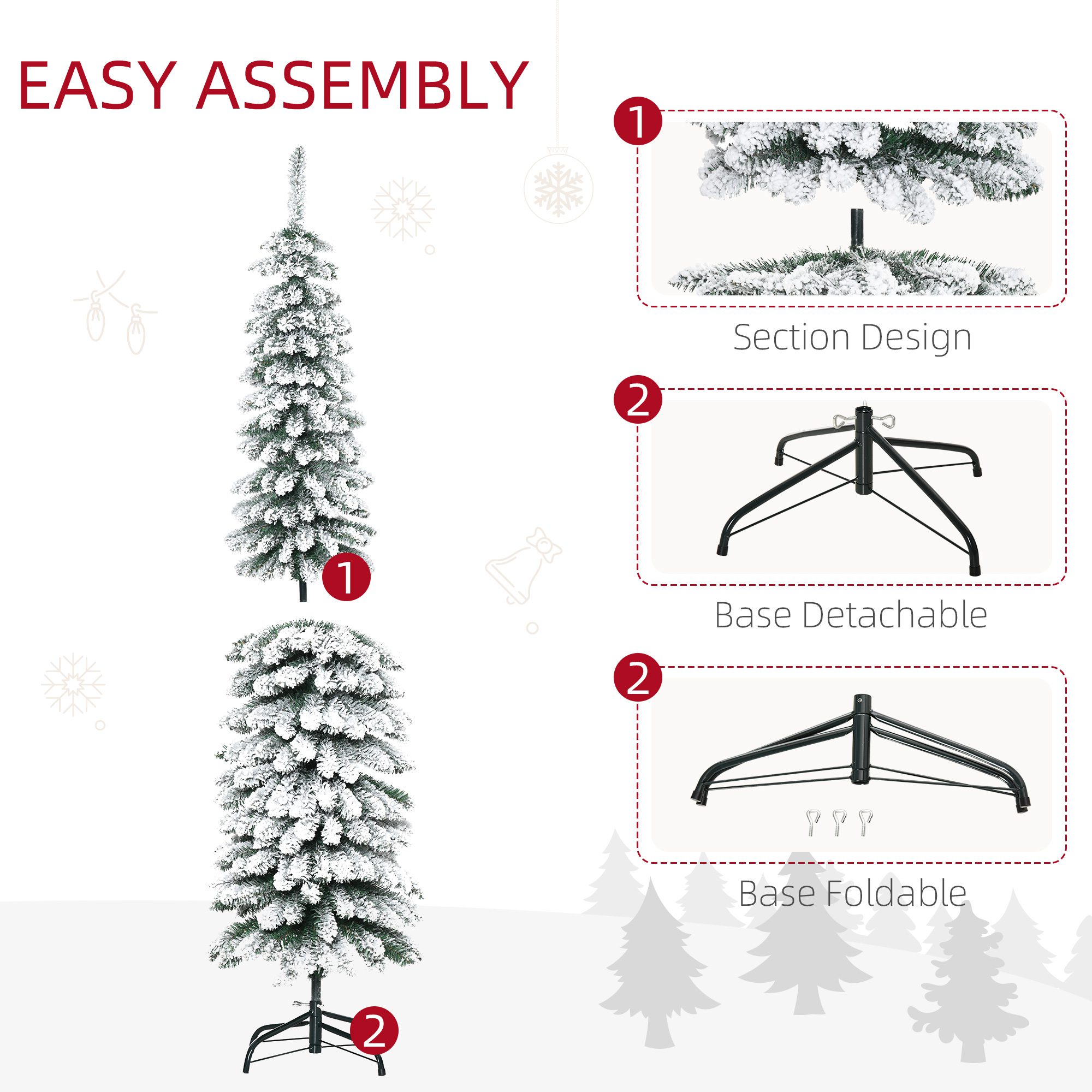 6' Tall Unlit Slim Pencil Xmas Tree, Snow Flocked Artificial Christmas Tree with Realistic Branches and 603 Tips, Green - Image 4