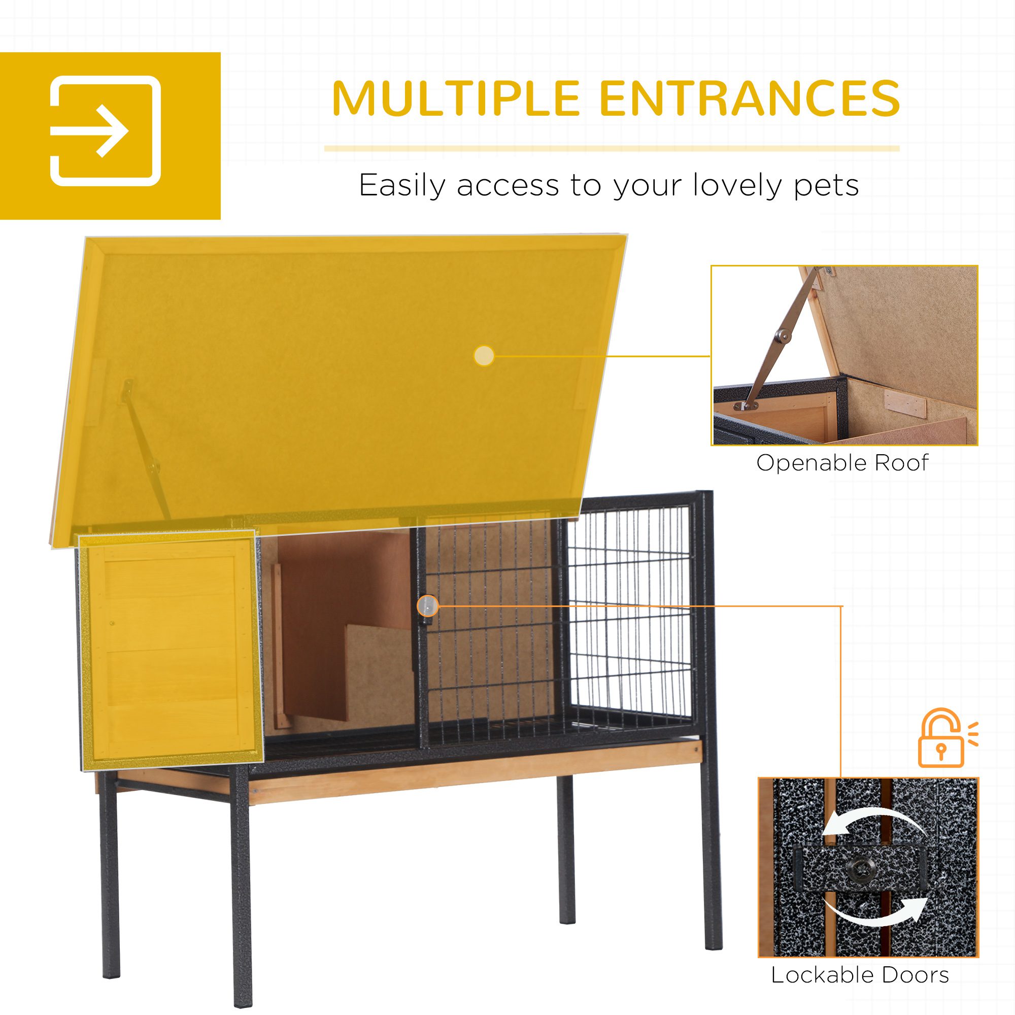 Rabbit Hutch Elevated Bunny Cage Small Animal Habitat with Metal Frame, No Leak Tray, Metal Wire Pan, Openable Water-Resistant Asphalt Roof for Rabbits, Chickens, Ducks, Indoor/Outdoor Natural - Image 3