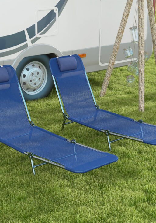 2 Piece Sun Loungers, Folding Chaise Lounge Chairs with Reclining Back, Breathable Mesh Seat, Headrest, Dark Blue