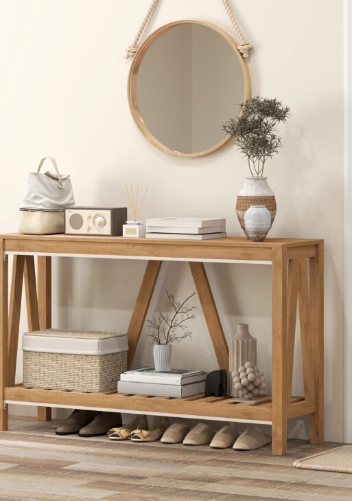 Console Table, Farmhouse Entryway Table with Storage Slatted Shelf, Rustic Sofa Table with Anti-Tipper for Living Room, Hallway, Brown