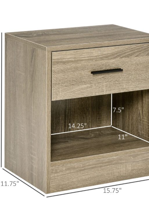 Modern Side Table with Drawer and Storage Shelf, End Table for Living Room, Gray Wood Grain