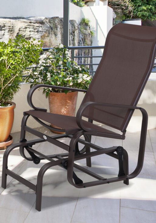 1-Person Outdoor Glider Swing, Single Rocker, Ergonomic Head Support, with Lightweight Metal & Mesh Construction, Supports Up to 352 lbs., for Backyard, Garden, Porch, Brown