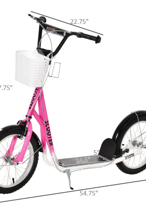 Youth Scooter, Kick Scooter with Adjustable Handlebars, Double Brakes, 16" Inflatable Rubber Tires, Basket, Cupholder, Pink