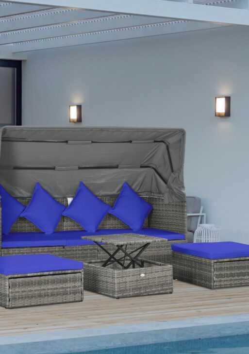 4 Piece Adjustable Canopy Outdoor Rattan Sofa Set w/ Height Adjustable Coffee Table & Cushions, Dark Blue