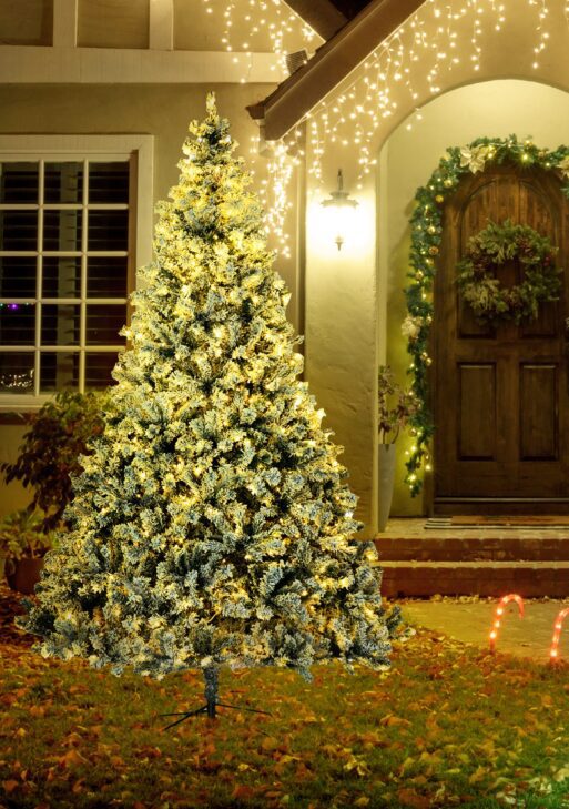 9' Artificial Snow Christmas Trees with Frosted Branches, Warm White or Colorful LED Lights, Steel Base