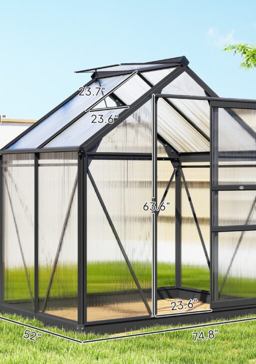 Polycarbonate Greenhouse, Heavy Duty Outdoor Aluminum Walk-in Green House Kit Vent Door, 6.2'x4.3'x6.6' Gray