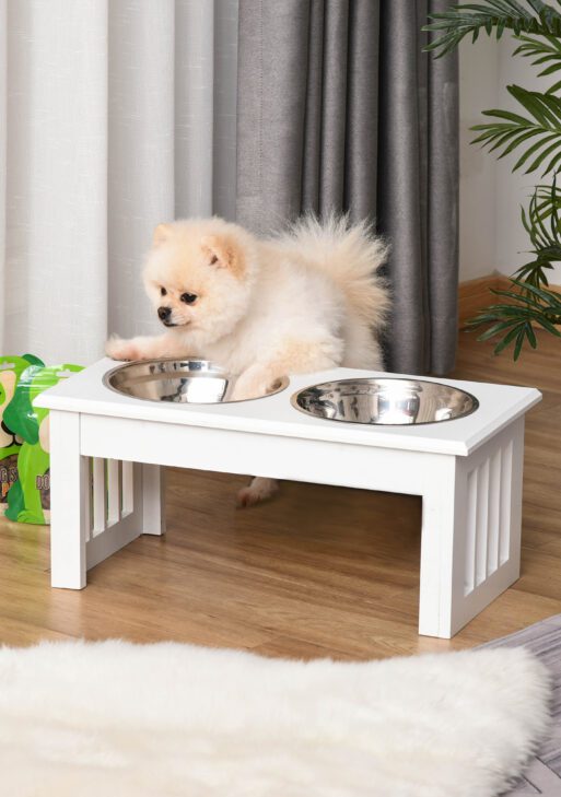 6" Height Small Puppy Dog Feeding Station for Messy Pets, Stainless Steel Elevated Dog Bowls with Modern Wooden Frame, Dog Food Stand Pet Feeding Station, White