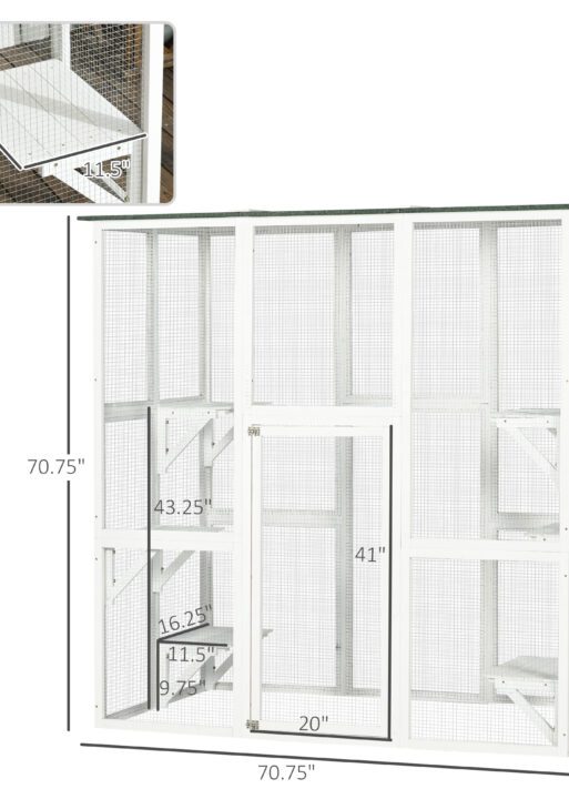 Outdoor Cat House Big Catio Wooden Feral Cat Shelter Enclosure with Large Spacious Interior, 6 High Ledges, Weather Protection Asphalt Roof, 71" L, White