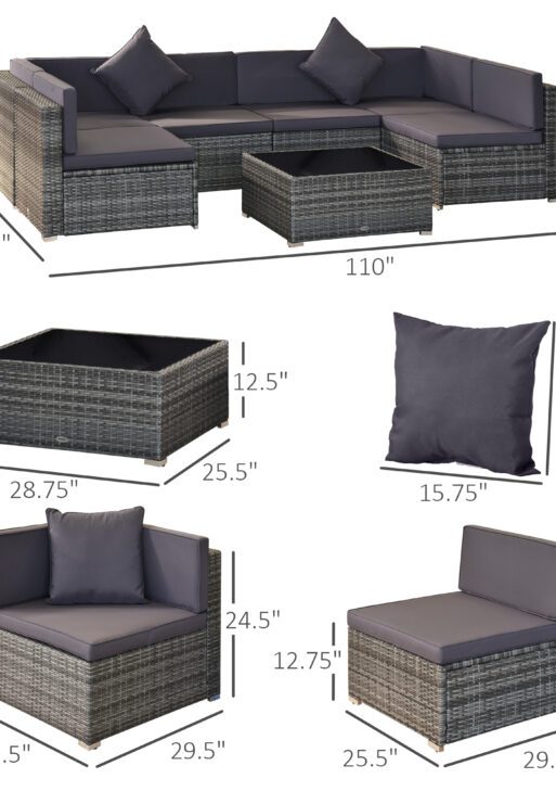 7-Piece Patio Furniture Set, Outdoor Wicker Conversation Set, All Weather PE Rattan Sectional Sofa Set with Cushions and Tempered Glass Top Coffee Table, Pillows, Gray