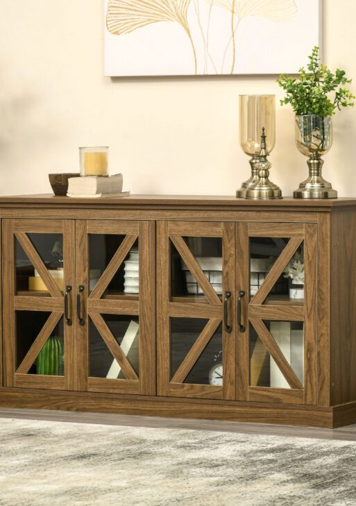 Sideboard Buffet Cabinet, Glass Door Credenza, Coffee Bar Cabinet with Adjustable Shelf, Natural