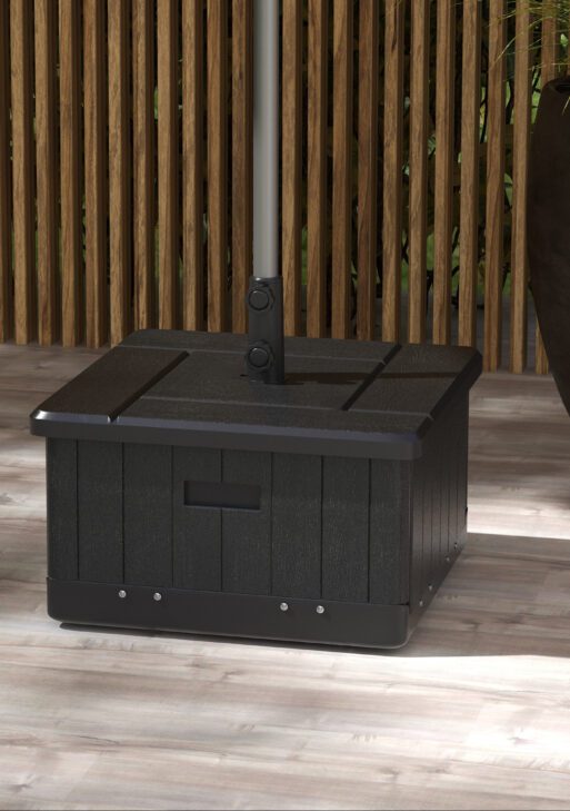 3-in-1 Outdoor Umbrella Base with Wheels and Handles, End Table, Flower Box Planter with Hole, 175 lbs. Capacity, Black