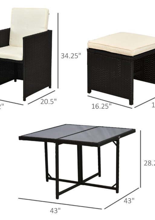 9 Pieces Outdoor Dining Set for 8, Space Saving Wicker Chairs and Square Glass Table with Cushions and Ottomans, Rattan Conversation Patio Furniture Set for Garden, Black/Cream White