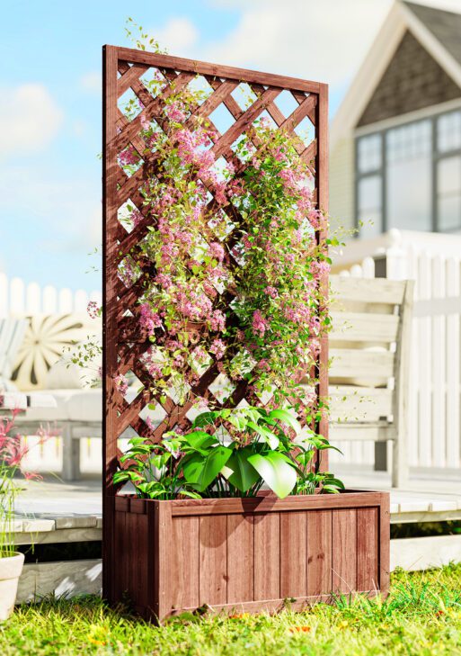 Wooden Raised Garden Bed with Trellis, 59" Outdoor Planter Box with Drainage Holes, Planter Raised Bed for Climbing Vine Plants Flowers, Orange