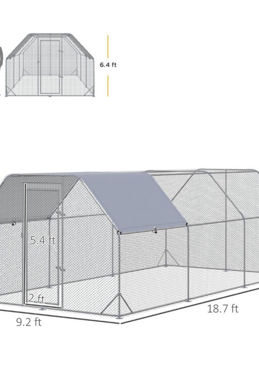 Large Chicken Coop Metal Chicken Run with Waterproof and Anti-UV Cover, Flat Shaped Walk in Fence Cage Hen House for Outdoor and Yard Farm Use, 1" Tube Diameter, 9.2' x 18.7' x 6.4'