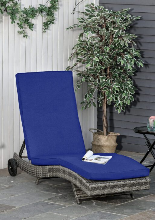 Patio Wicker Chaise Lounge Chair, Outdoor PE Rattan Sun lounger with Adjustable Backrest and 2 Wheels, Dark Blue