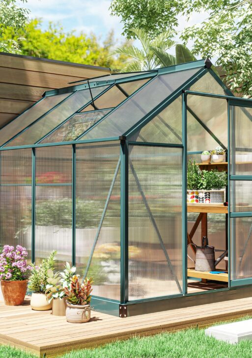 6' x 8' Outdoor Greenhouse with Rain Gutter and Roof Vent for Patio Backyard Dark Green