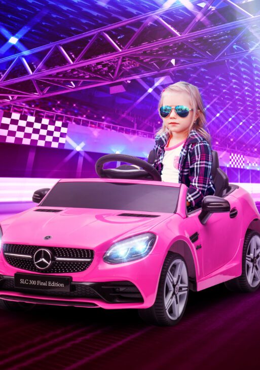Mercedes SLC 300 Licensed Kids Electric Car with Remote Control, 12V Battery Powered Kids Ride on Car with Music, Lights, Suspension for 3-6 Years Old, Pink